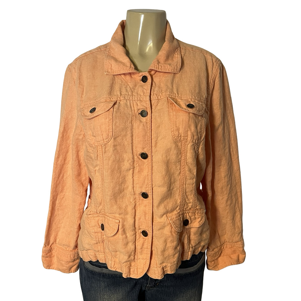 J Jill Jacket Womens LP Petite‎ Orange Linen Button Front Utility Pockets